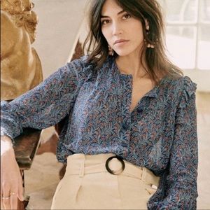 Sezane Blue Floral Long-Sleeve Blouse